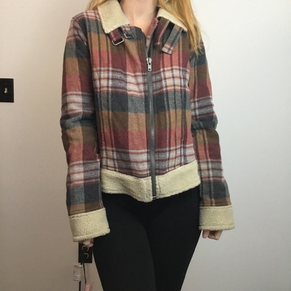 Free People Jackets & Blazers - NWT Free People Red Plaid Fuzzy Trim Jacket Coat